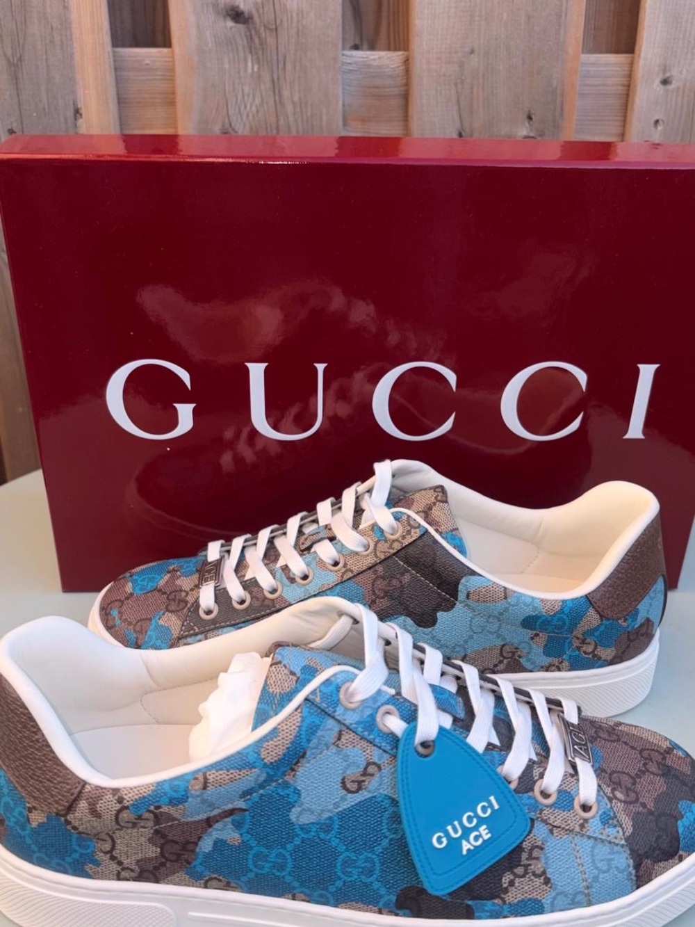 Gucci Blue & Brown GG Camo Ace Low-Top Sneakers